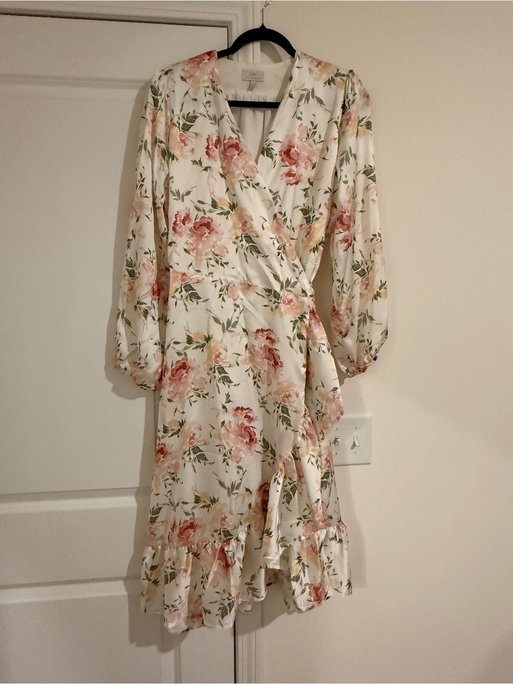 Floral Wrap Midi Dress - Ivory with Rose Print